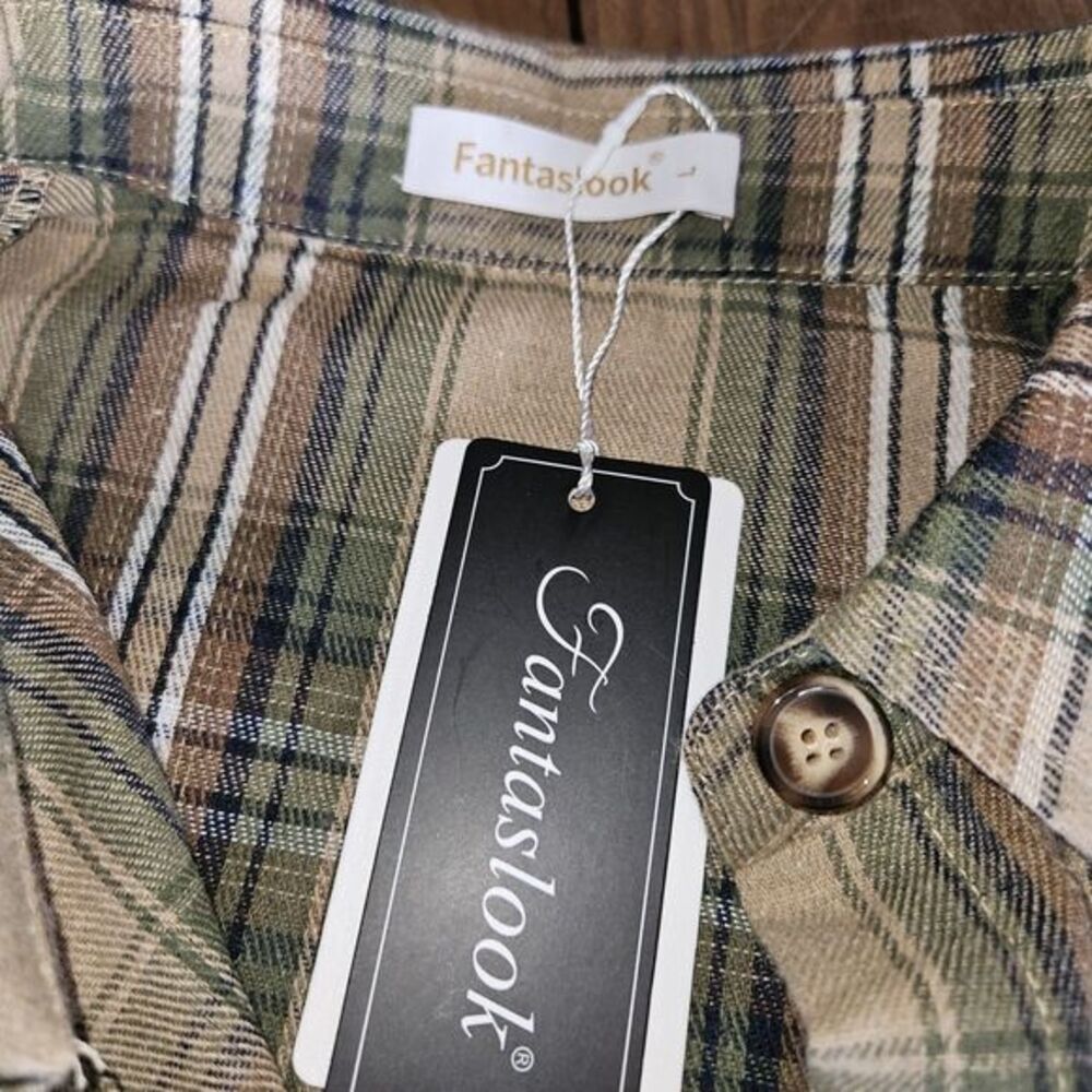 Fantaslook Womens Plaid Flannel Shacket Oversized Button Down Shirt Green Large - Picture 8 of 10